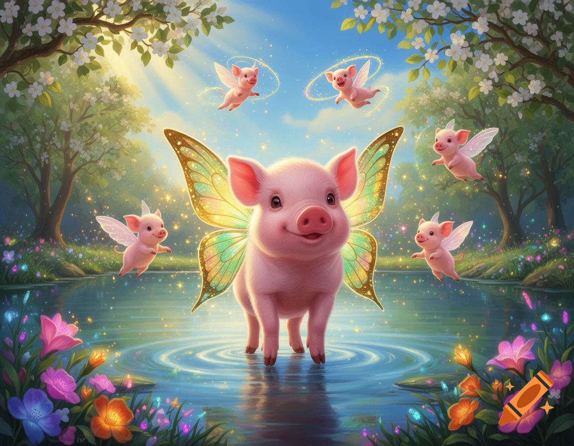 A smiling pink fairy pig with butterfly wings stands in a magical glowing lake with colorful flowers, while smaller flying pigs float in the sky. Fantasy art.