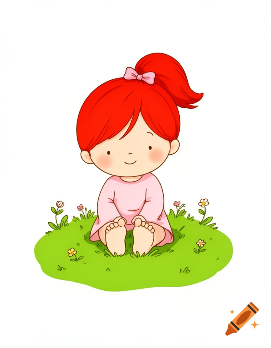 A cute minimalist cartoon drawing of a girl with red hair in a ponytail with a pink bow, sitting in green grass with small flowers.