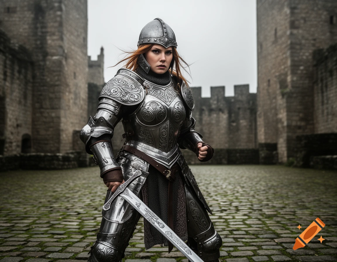 A female warrior with red hair in detailed silver armor stands in a castle courtyard, holding a sword.