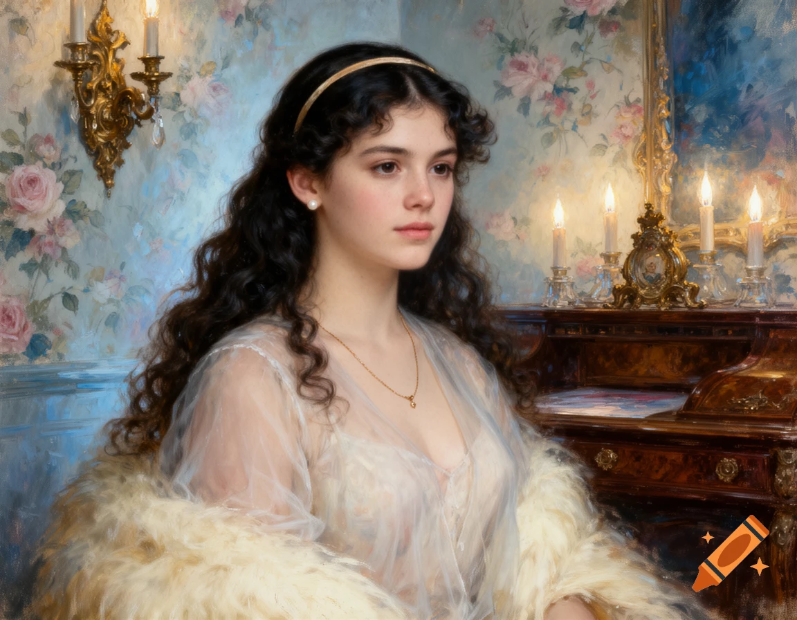 Painterly impressionist oil painting of a young woman with dark curly hair in a sheer blouse and fur stole, set against a floral Victorian background with candles.