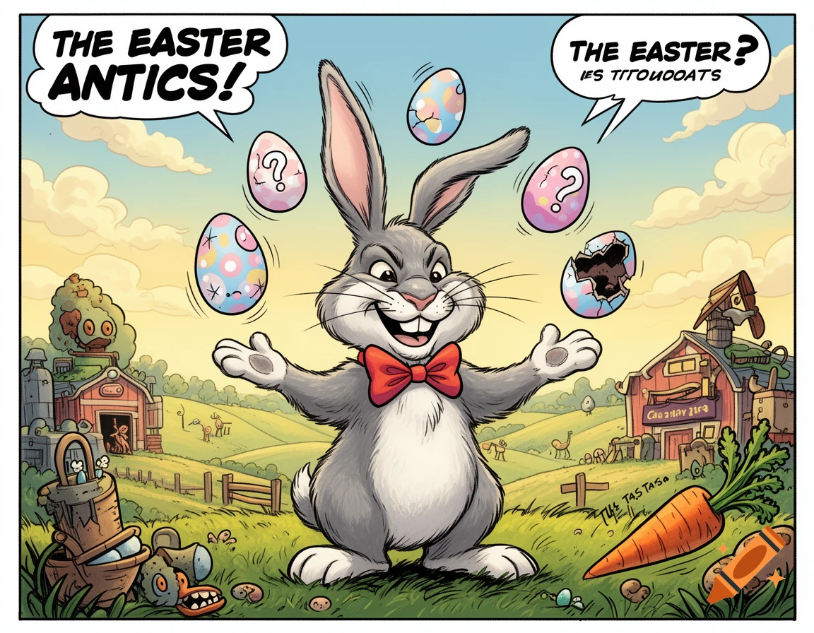 A smiling gray Easter bunny with a red bowtie juggles decorated eggs in a vibrant cartoon style rural landscape, with barns and a large carrot.
