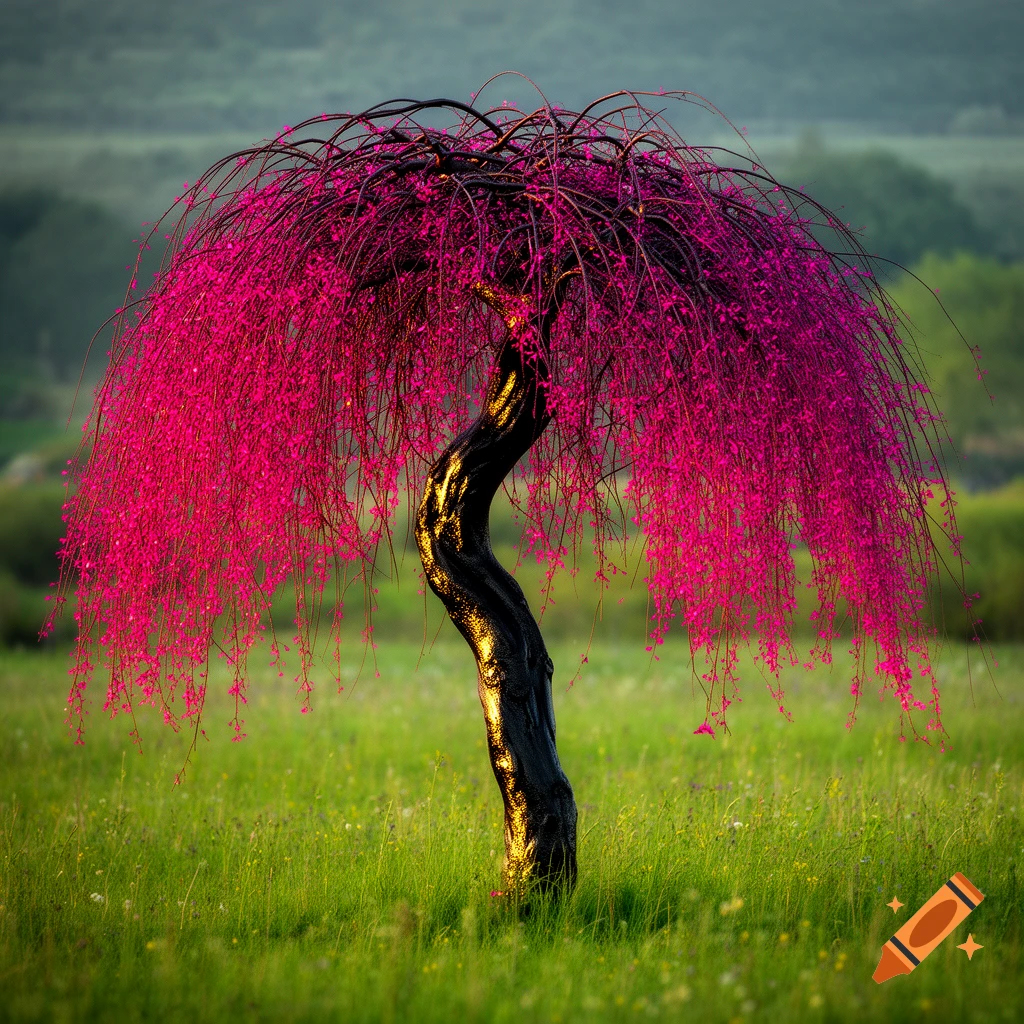 A unique tree with dark, gnarled bark and flowing hot pink leaves stands in a grassy field.