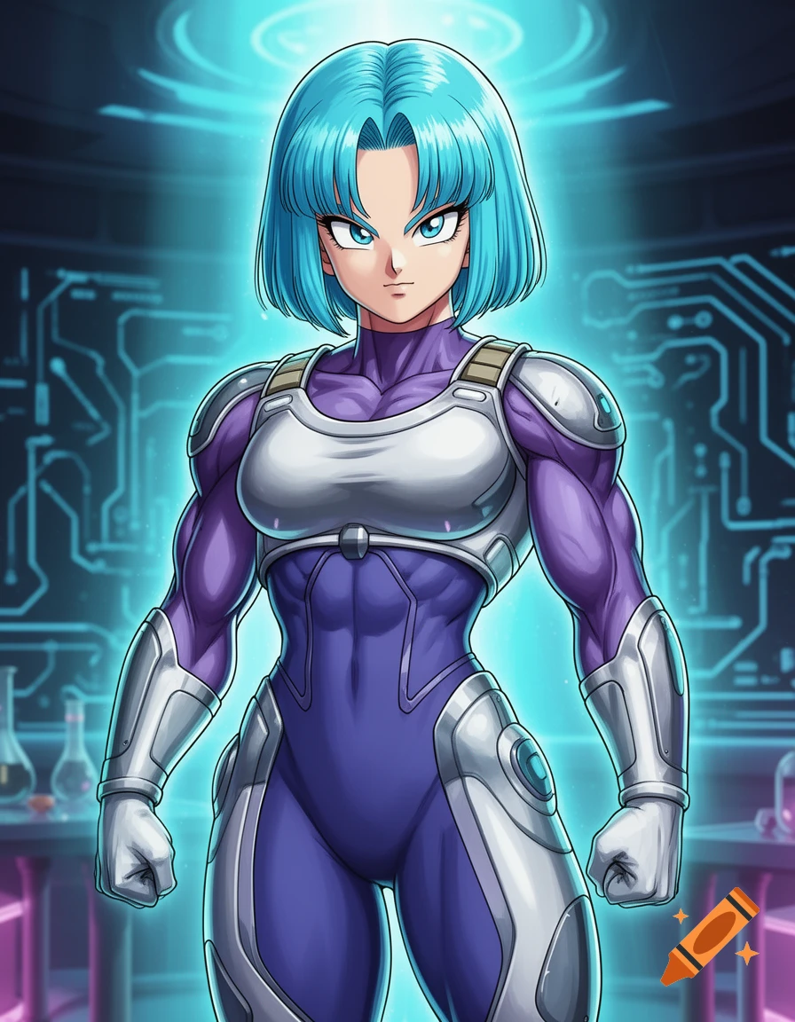 Muscular blue-haired anime character resembling Bulma in a purple and silver sci-fi suit, against a glowing circuit background.