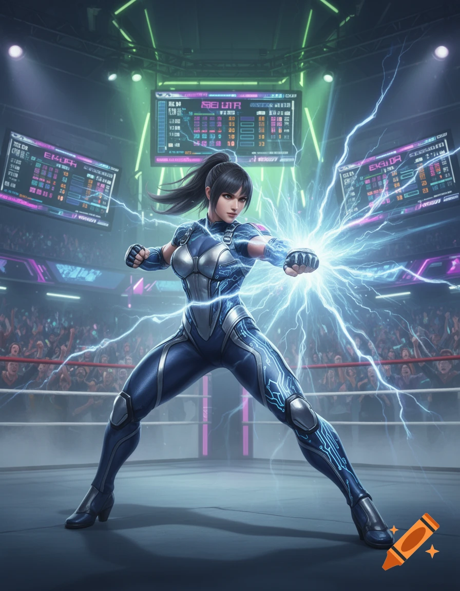 A female fighter in a futuristic blue and silver suit generates blue electricity from her fists in a brightly lit fighting arena.