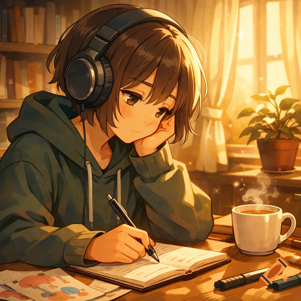 An anime girl with headphones studying in a warm, sunlit room, writing in a notebook with a steaming mug nearby.