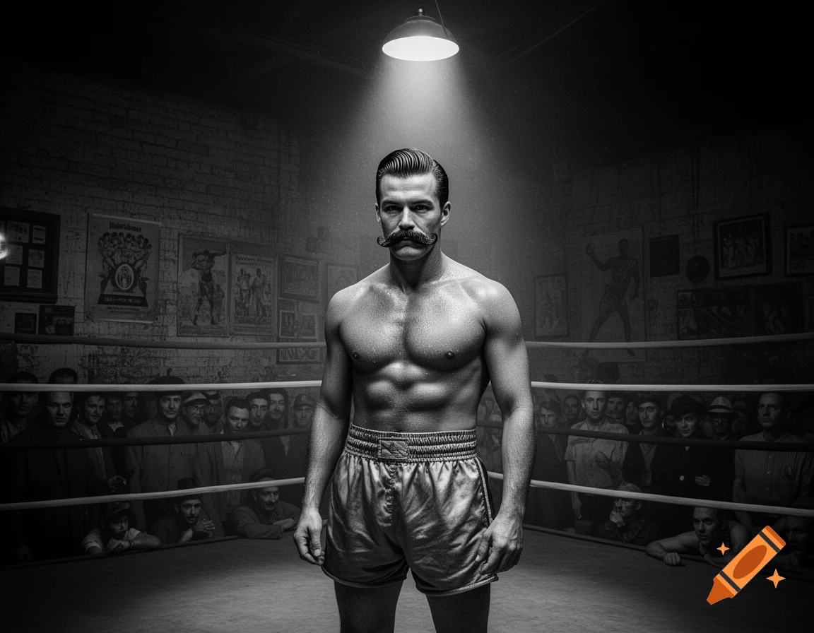 A muscular 1950s-style boxer with a large mustache and slicked-back hair stands shirtless in a dimly lit boxing ring, surrounded by a crowd.