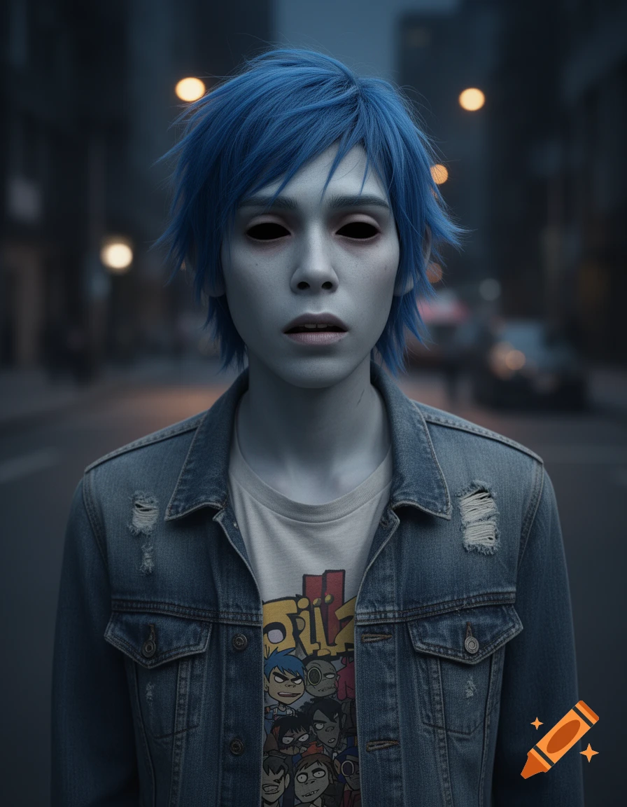 A realistic portrait of 2D from Gorillaz, with blue hair, pale skin, black eyes, wearing a denim jacket and a band t-shirt, standing on a street at night.