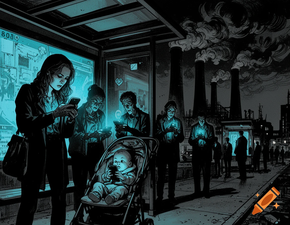 Gritty graphic novel illustration of people at a bus stop, faces glowing cyan from smartphones, with industrial chimneys in the dark background.