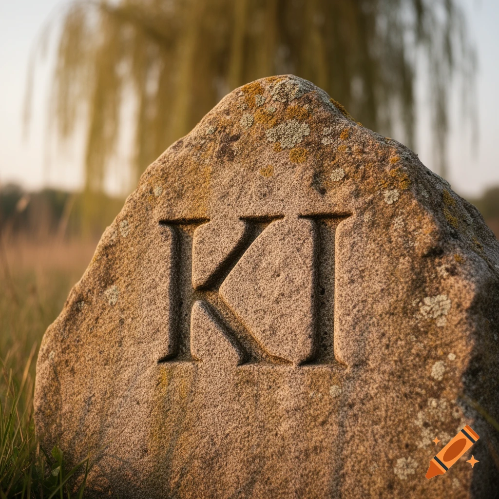 Close-up of a weathered stone with 'KI' carved into it, in a field with a blurred tree in warm sunlight.