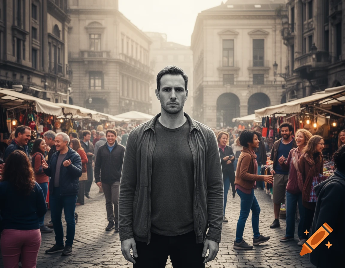 A desaturated man stands stoically in the foreground of a bustling, colorful street market with many smiling people. Photorealistic.
