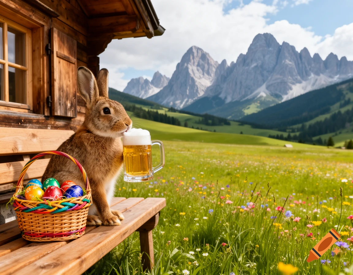 A photorealistic rabbit sits on a wooden bench next to an Easter basket, drinking a mug of beer in front of an alpine hut, a blooming meadow, and mountains.