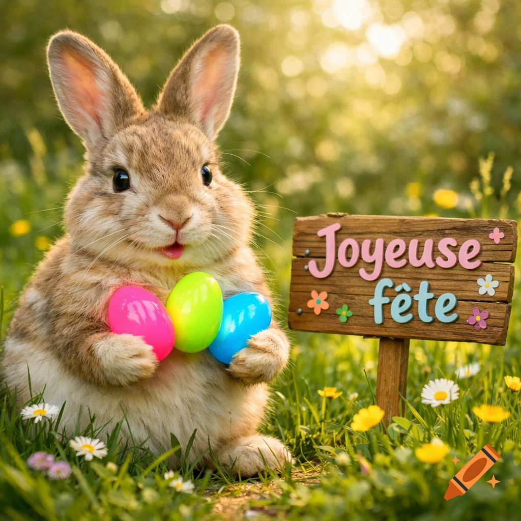 A photorealistic rabbit holds pink, green, and blue Easter eggs next to a wooden sign reading "Joyeuse f description for each item in the image.