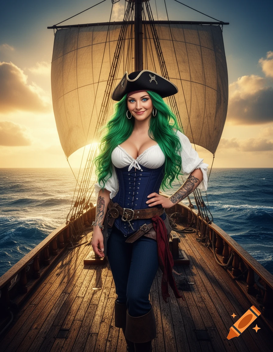 A smiling woman with long bright green hair, wearing a pirate hat, white blouse, and blue corset, stands on a ship's wooden deck at sunset.