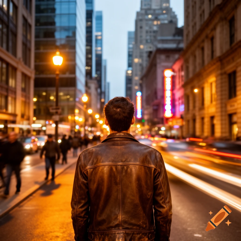 A person in a leather jacket stands on a city street at night, looking ...