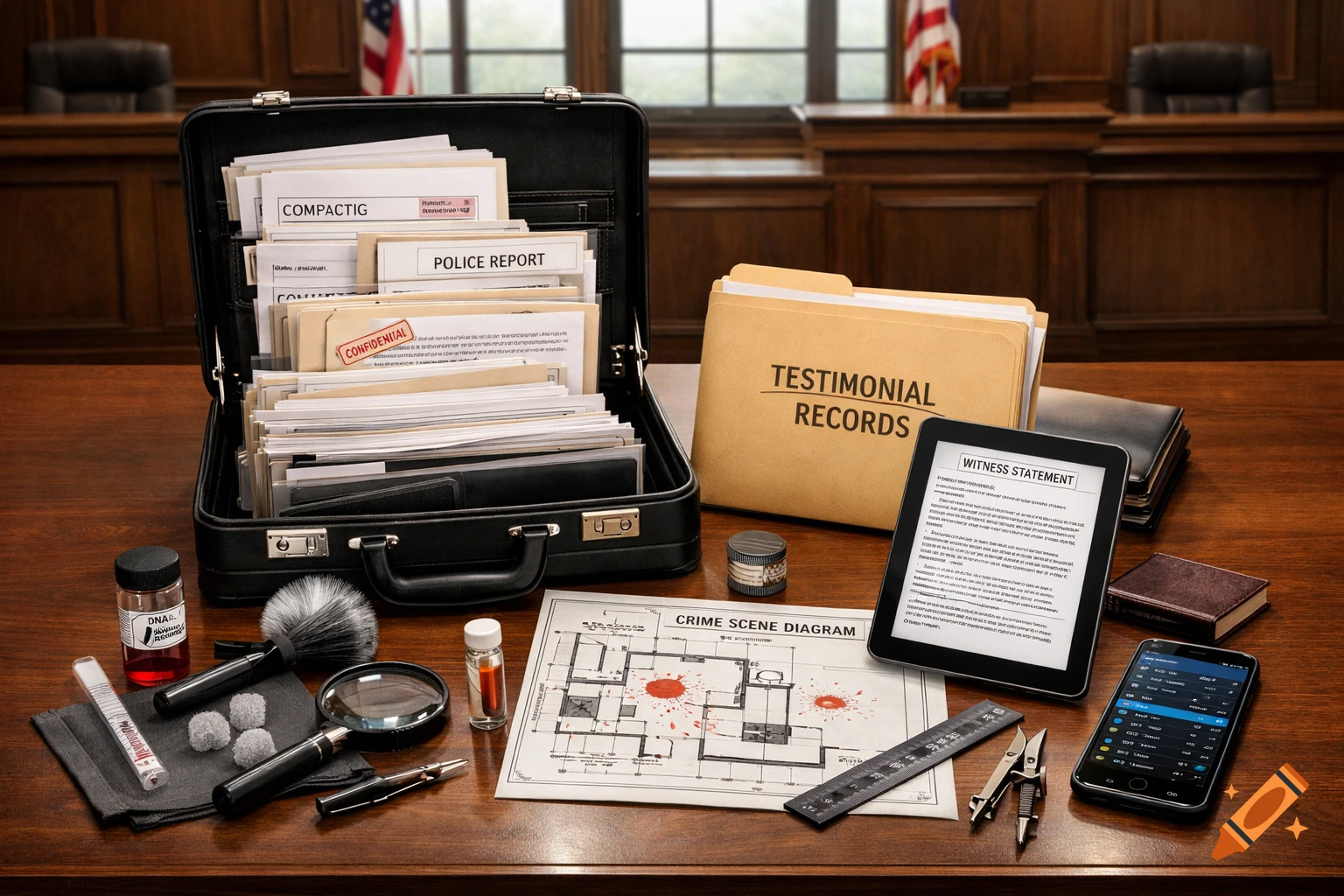 An array of legal evidence, including open briefcase with documents, a tablet with a witness statement, forensic tools, and a crime scene diagram on a wooden desk in a courtroom.