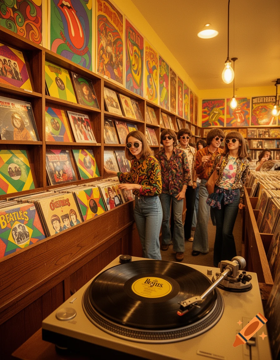 People in 60s fashion browse records in a vibrant store, a turntable with a Beatles vinyl in the foreground.