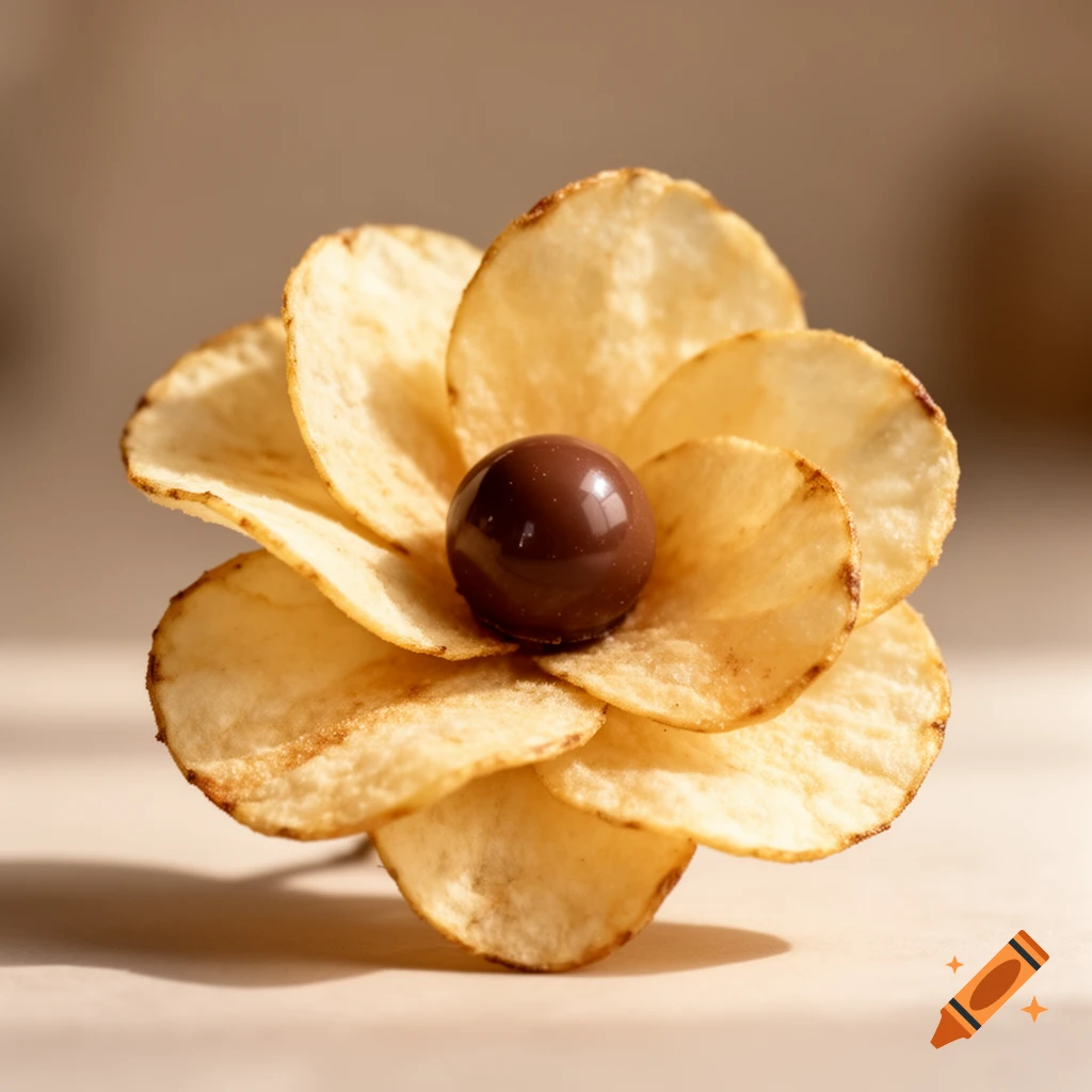 A photorealistic close-up of a flower with petals made of potato chips and a chocolate ball as its center.