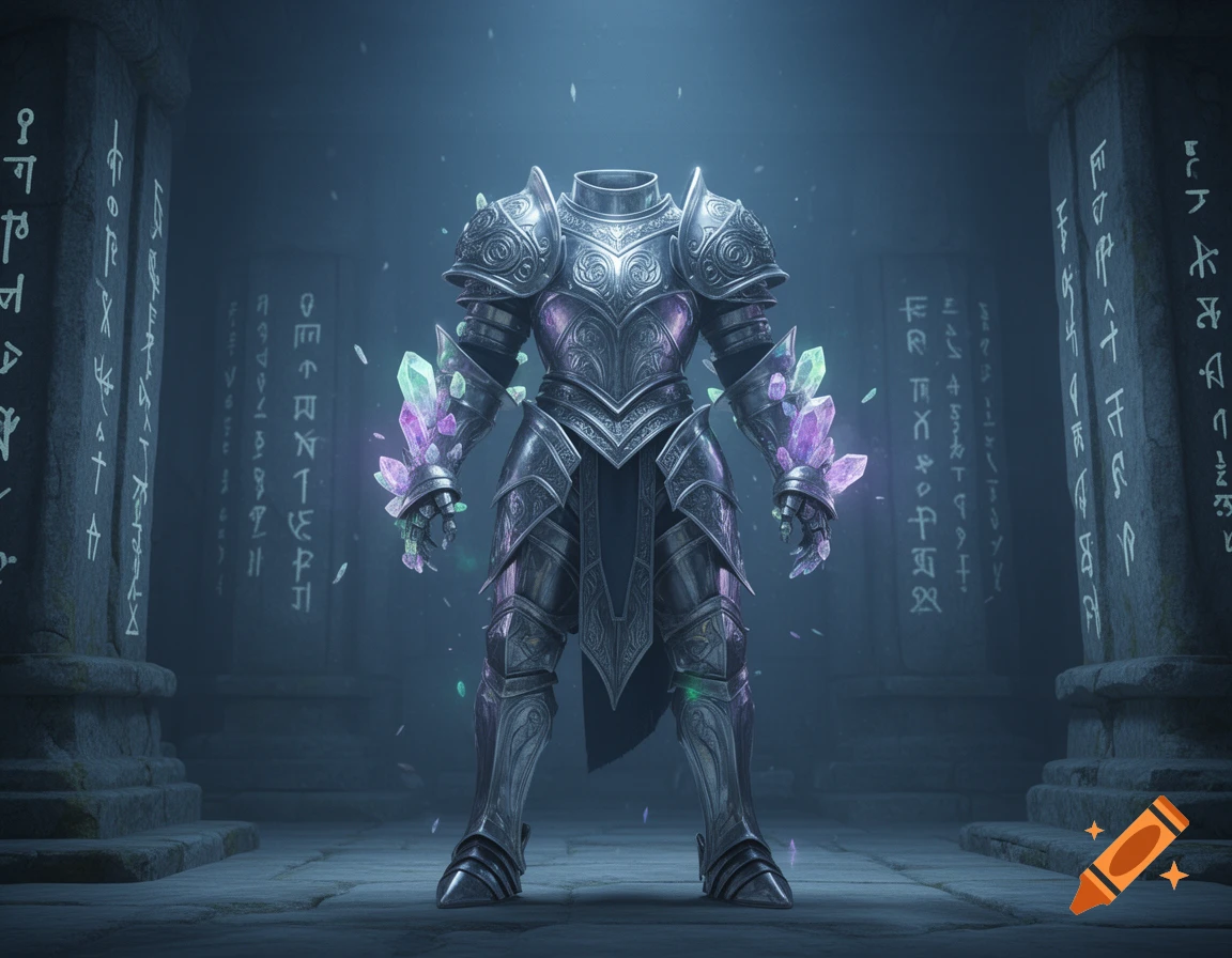 Epic headless armor adorned with glowing purple and green crystals stands in a mystical, rune-carved stone chamber.