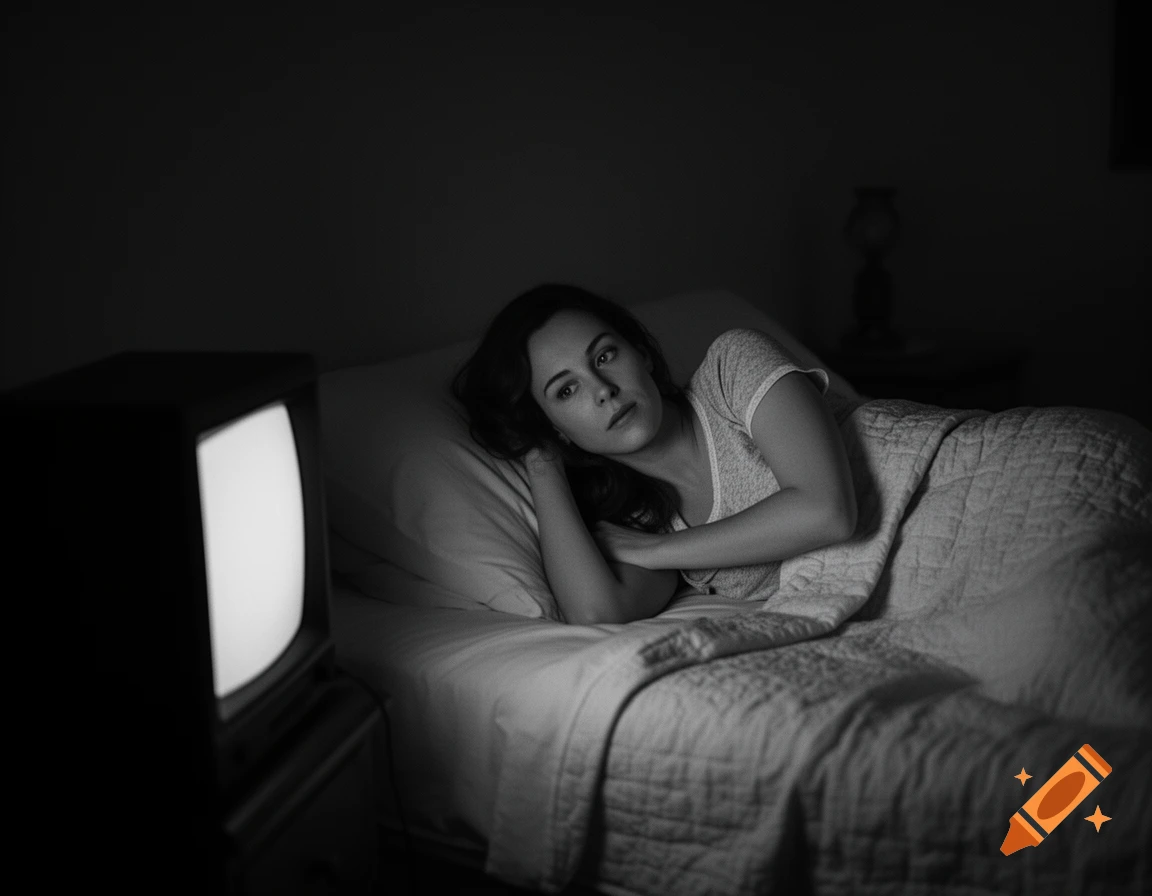 Photorealistic black and white image of a woman watching a CRT TV in a dark bedroom.