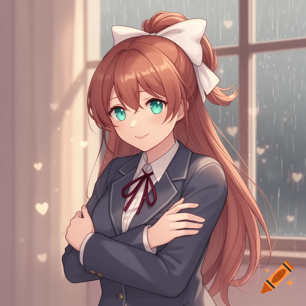 Anime portrait of Monika with red-brown hair, green eyes, and school uniform, smiling with crossed arms by a rainy window.