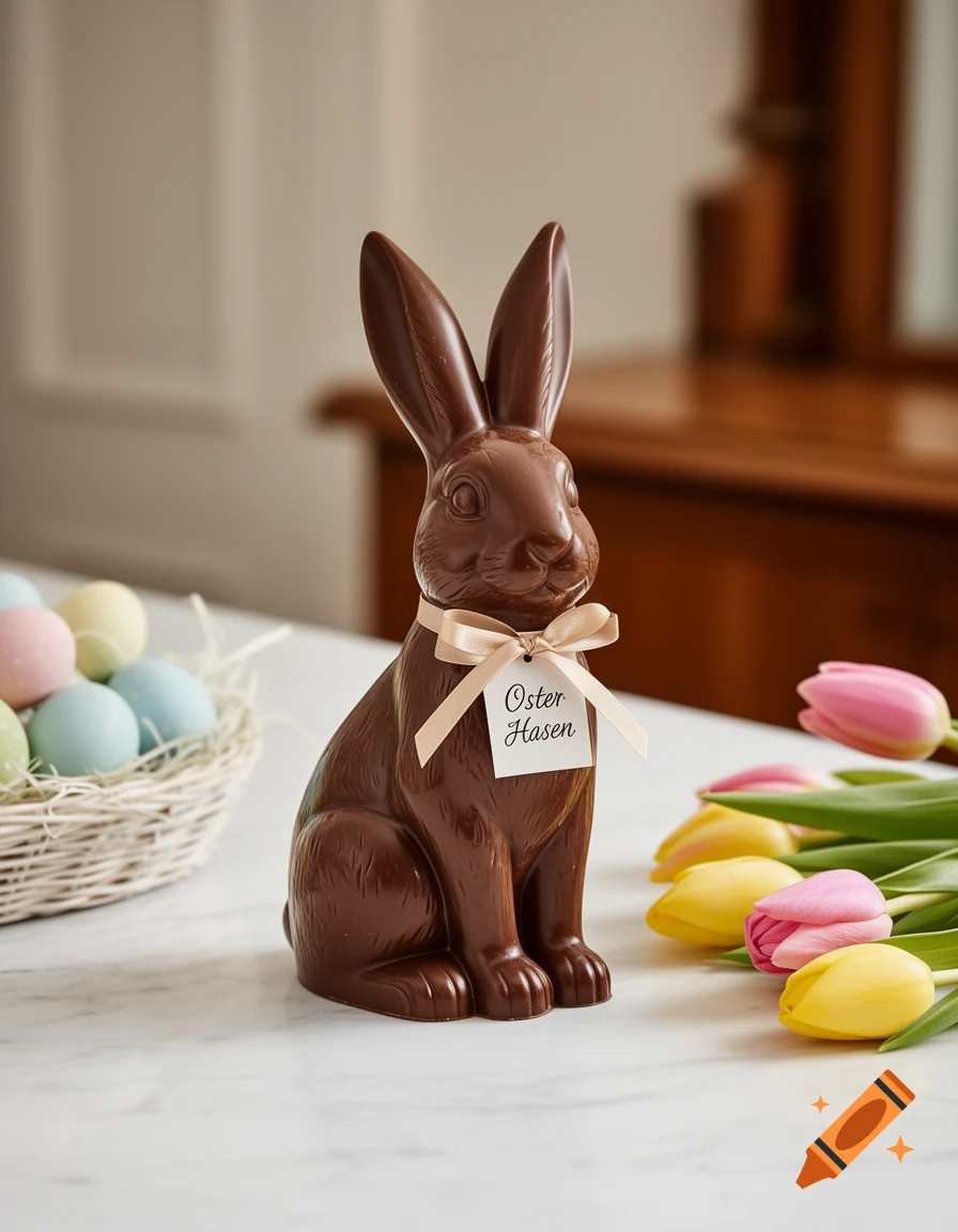 Photorealistic image of a chocolate Easter bunny with a tag, pastel eggs in a basket, and tulips on marble.