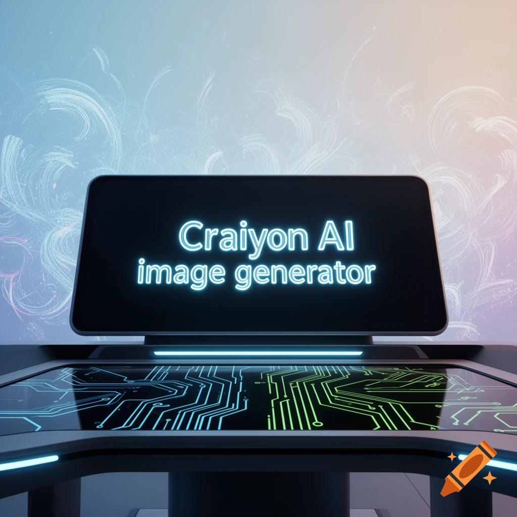 A glowing screen displays 'Craiyon AI image generator' above a desk with luminous circuit board patterns.