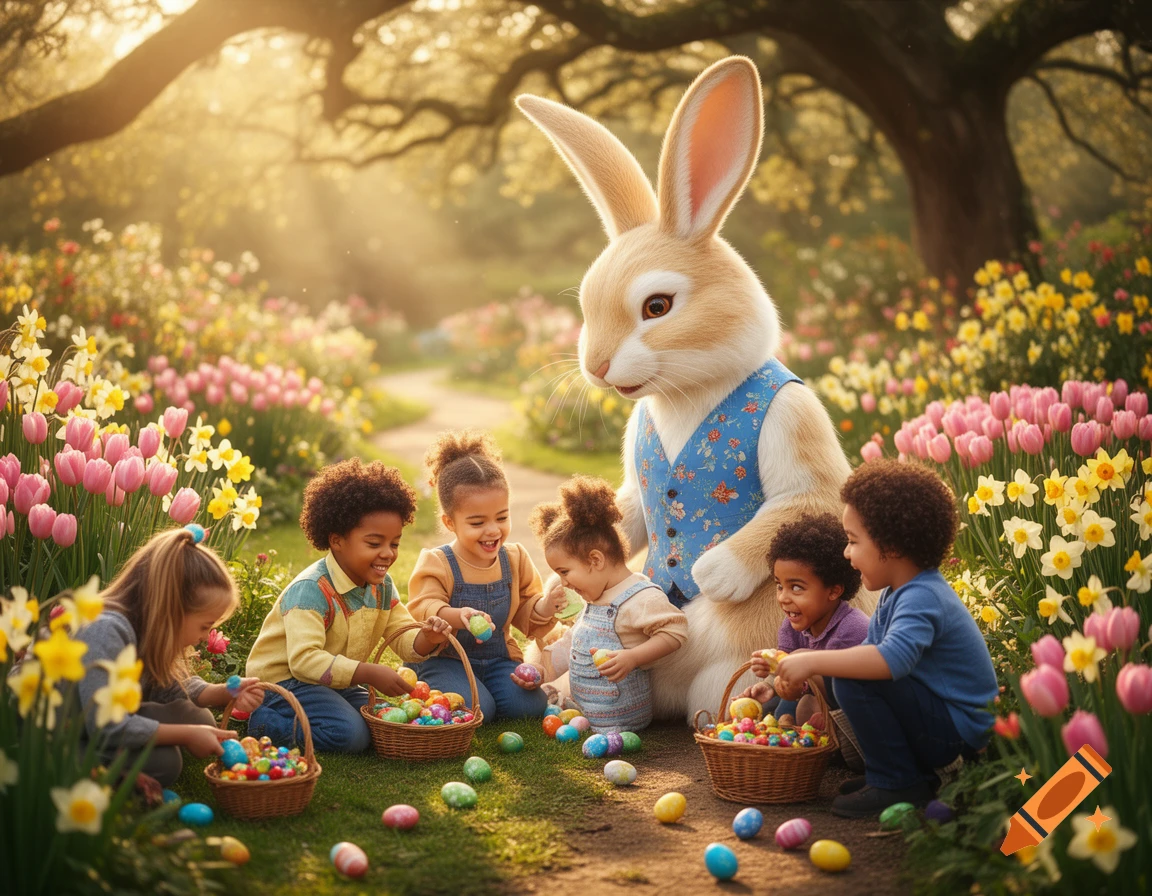 Children happily collecting colorful Easter eggs with a large Easter bunny in a vibrant, sunlit spring garden filled with blooming flowers.
