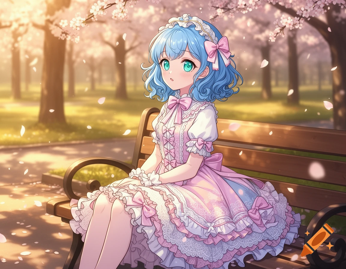 An anime girl with blue hair in a pink lolita dress sits on a park bench under falling cherry blossoms.