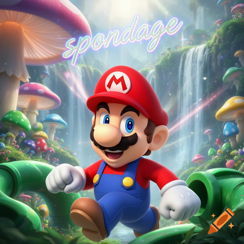 Mario in a vibrant mushroom kingdom with waterfalls, running past green pipes and colorful fungi, with 'spondage' floating above.