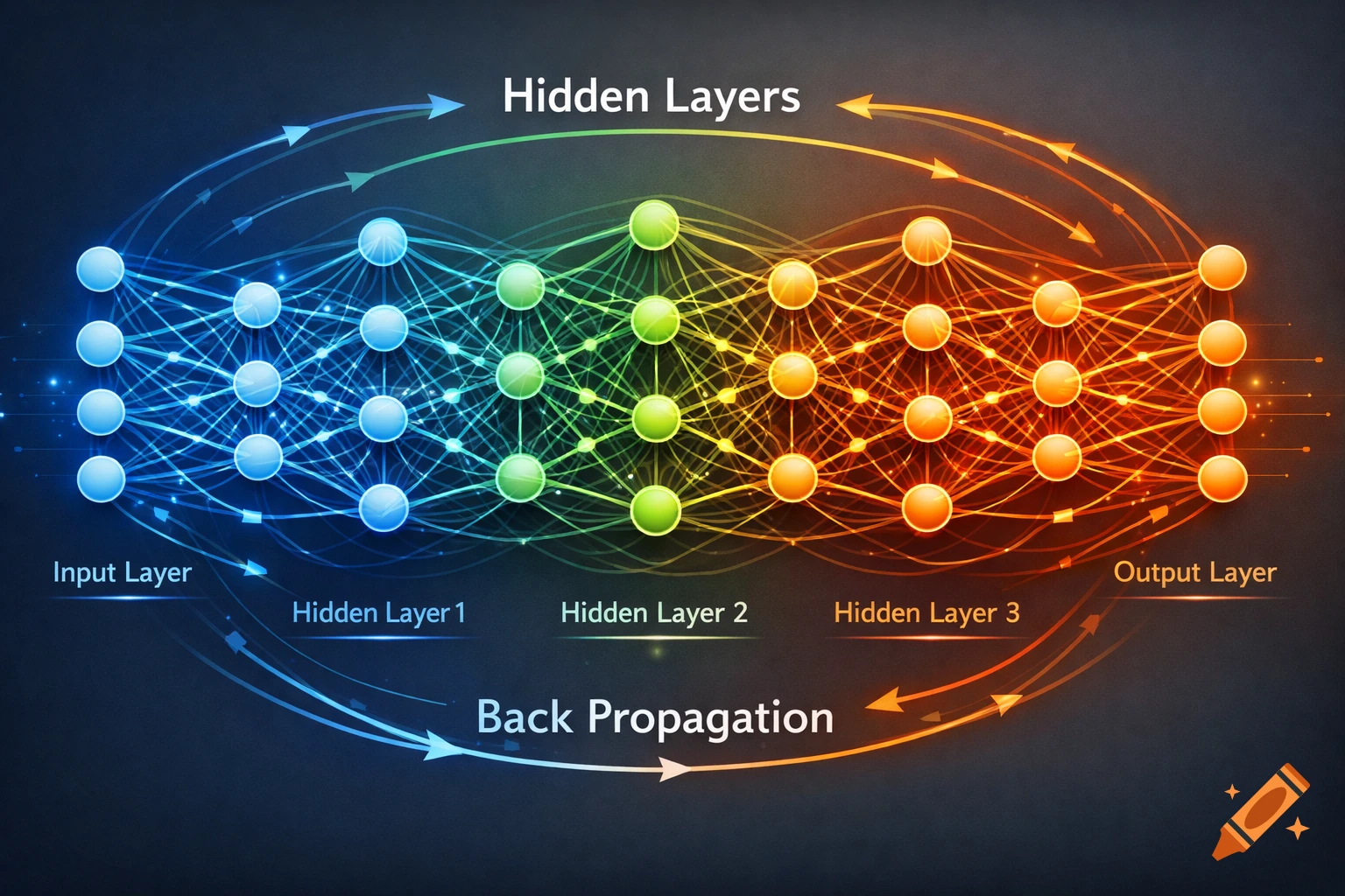 Colorful diagram of a neural network with input, hidden, and output layers, and back propagation labeled.
