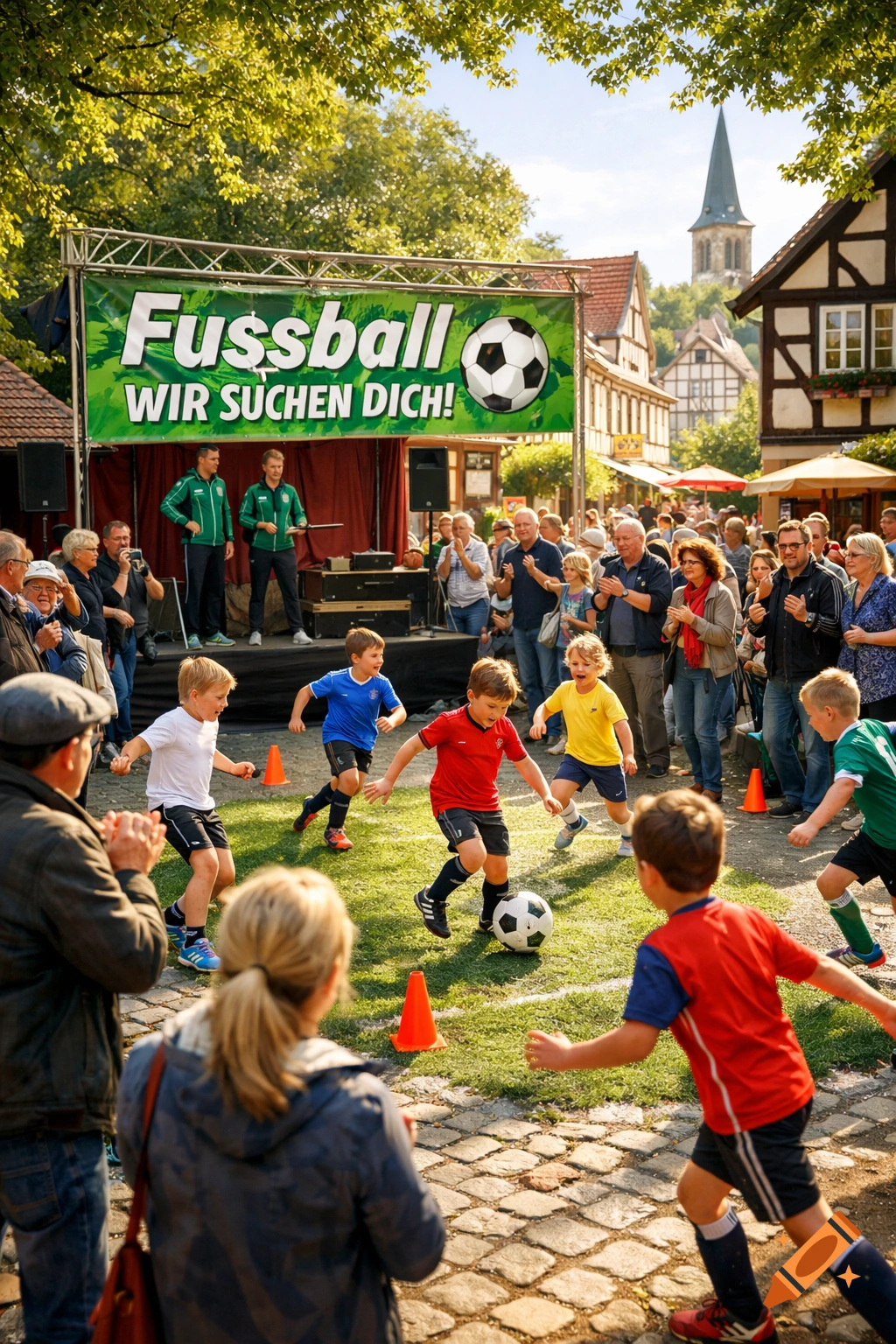 Children play soccer on an artificial grass pitch in a sunny village square, surrounded by a cheering crowd and a banner saying 'Fussball WIR SUCHEN DICH!'