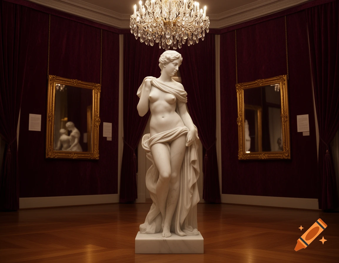 A classical white marble statue of a partially draped nude female figure stands in a dimly lit museum gallery with red velvet walls and chandeliers.