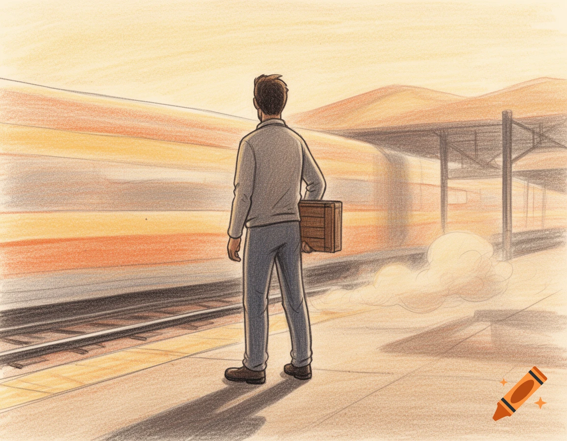 Crayon-style illustration of a man holding a box, watching a blurred train speed past at a desert-toned station.