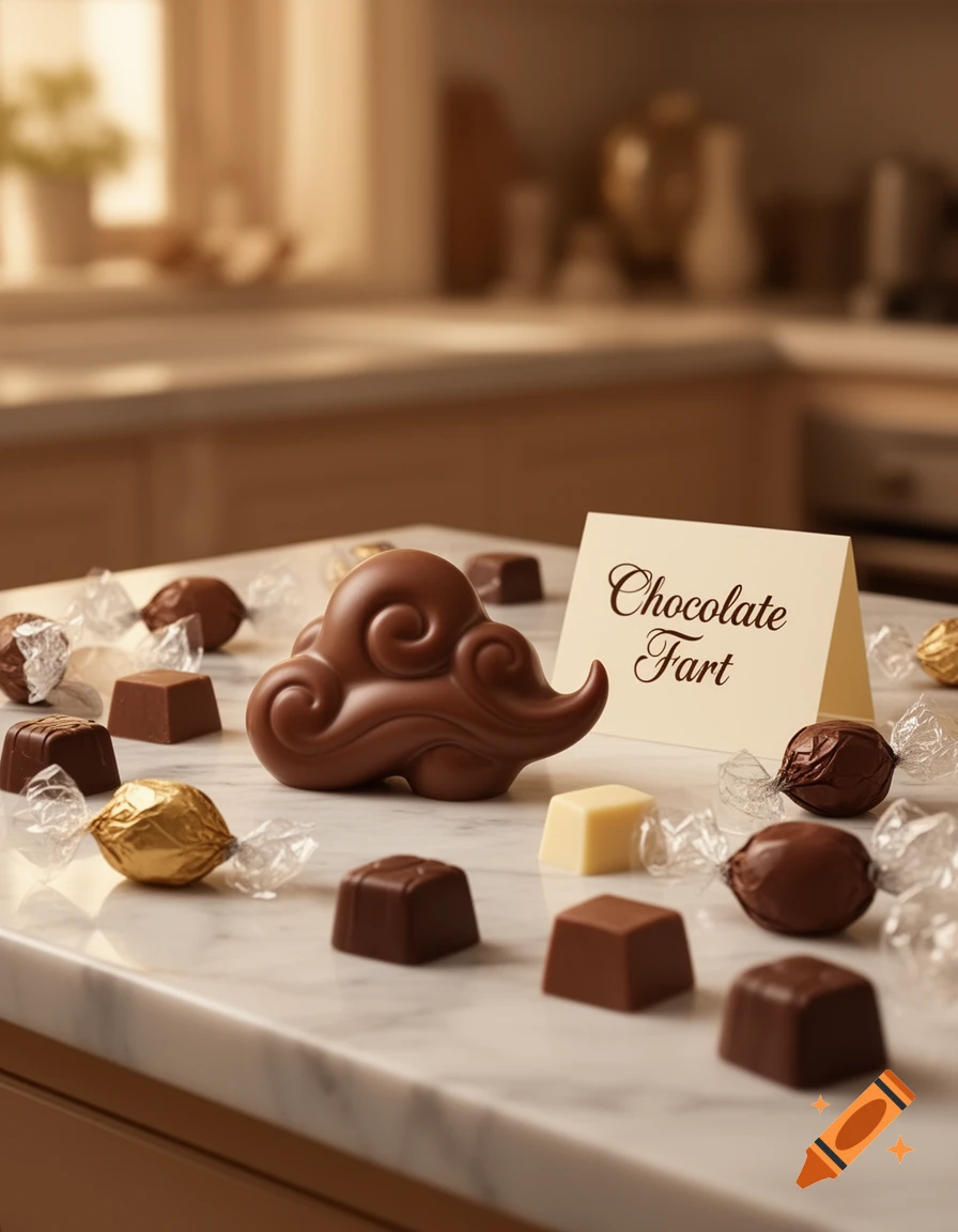 A photorealistic image of various chocolates, including a stylized cloud-shaped one, on a marble counter with a card reading 'Chocolate Fart'.