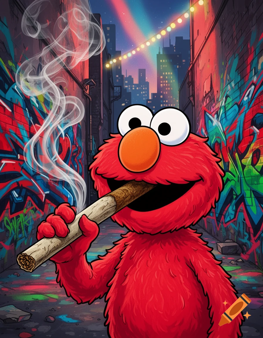Cartoon Elmo smiling and smoking a large blunt in a colorful graffiti-filled urban alleyway at night.