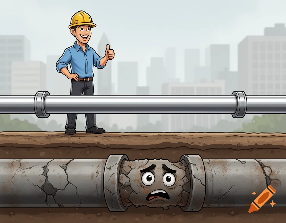Cartoon civil engineer gives a thumbs up next to a new pipe above ground; a cracked, worried pipe is below ground.