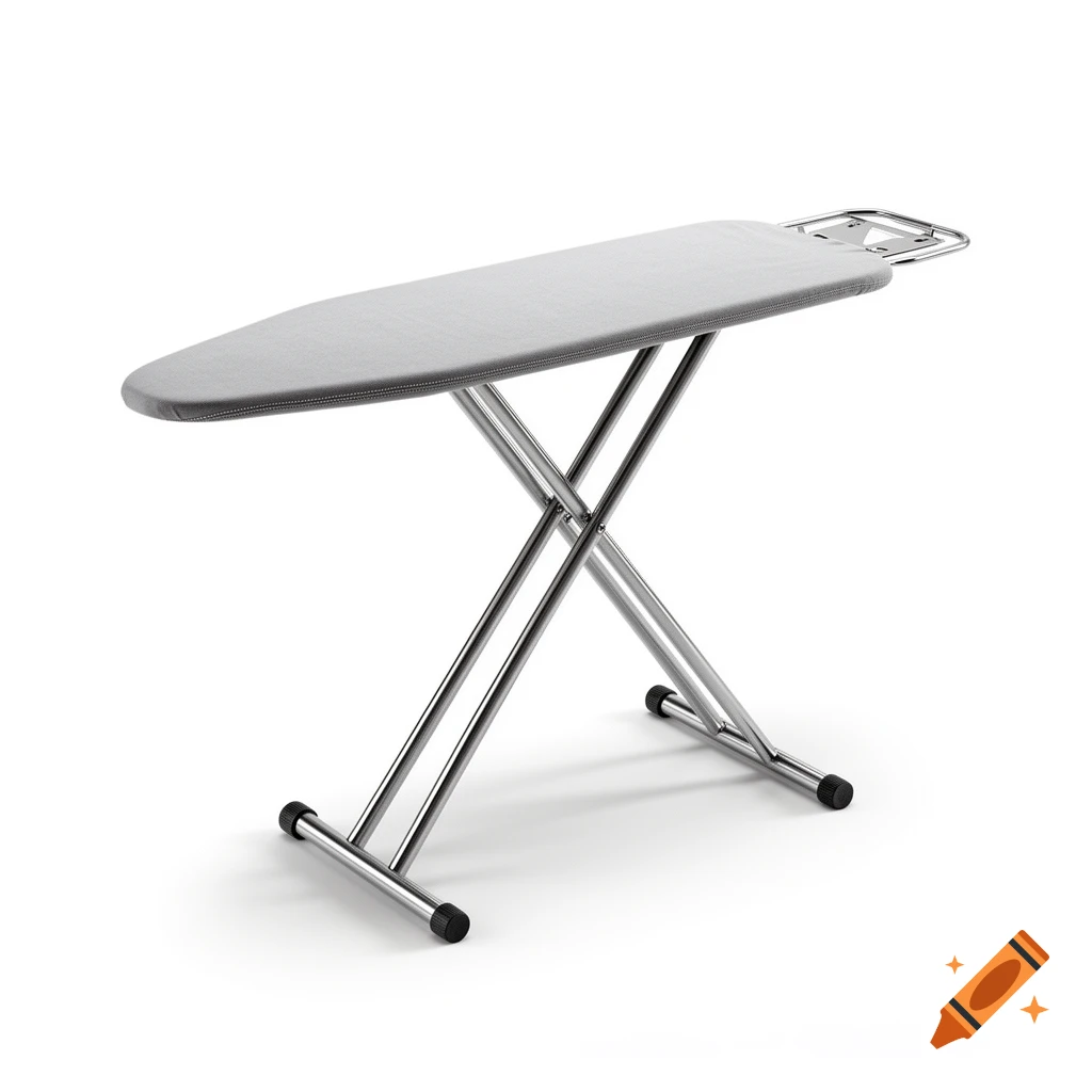 A photorealistic ironing board with a grey cover and chrome legs, isolated on a pure white background.