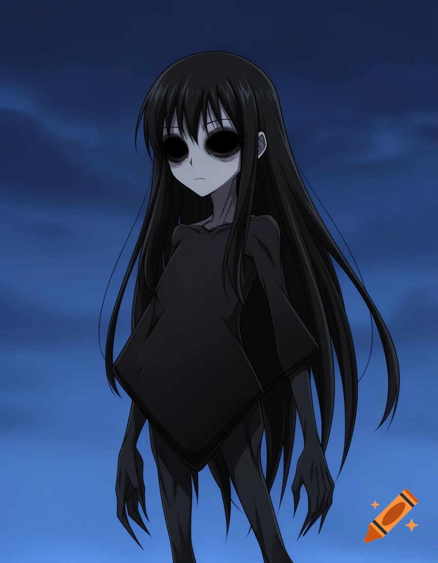 A gaunt anime monster with black eyes, dark circles, long black hair, and clawed hands stands against a blue sky.