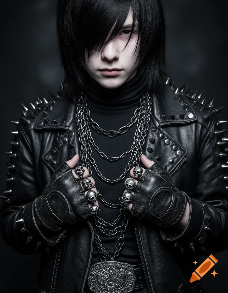 A person with black emo hair wears a spiked leather jacket, multiple chains, skull rings on fingerless gloves, and an ornate belt buckle.