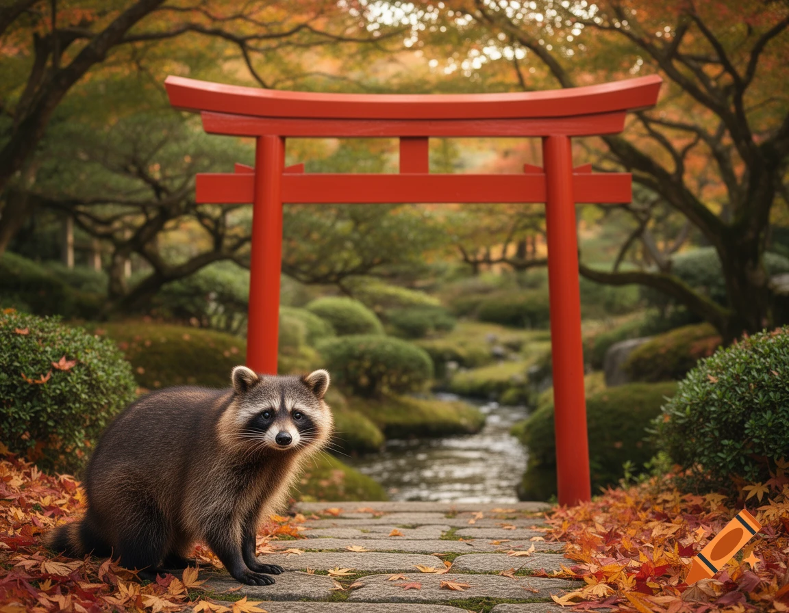 A photorealistic image of a raccoon standing on a stone path covered in autumn leaves, with a red Torii gate in a Japanese garden in the background.