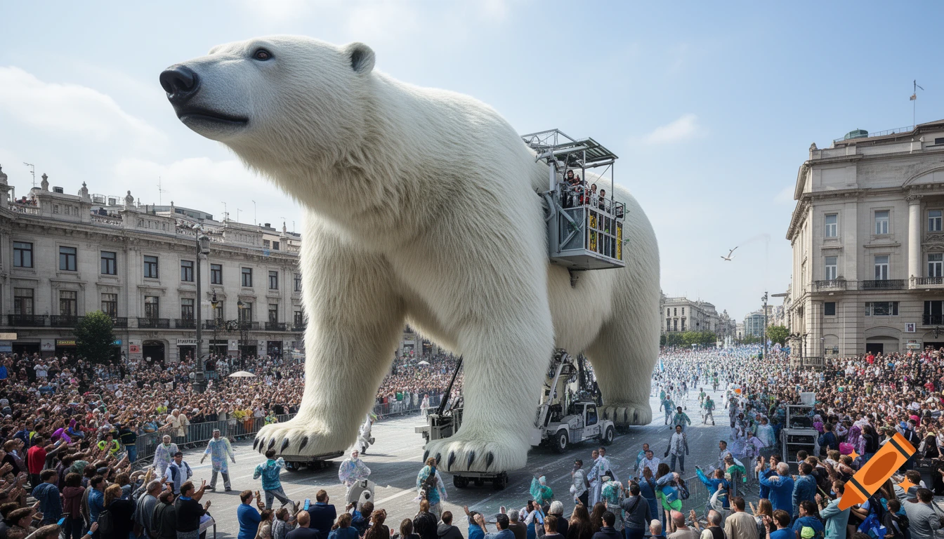 A giant white polar bear puppet, with an operating cabin on its back, moves through a crowded city parade under a clear blue sky, flanked by large ornate buildings.