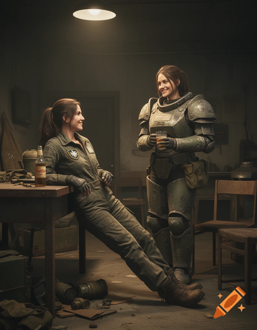 Two women, one in a jumpsuit leaning on a table and another in power armor holding a drink, chat in a dimly lit, rustic room.
