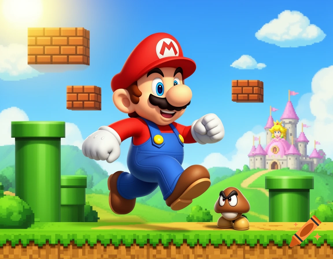 Mario runs right through a vibrant Super Mario Bros. level, past a Goomba, green pipes, and floating brick blocks, with Princess Peach's castle in the background.