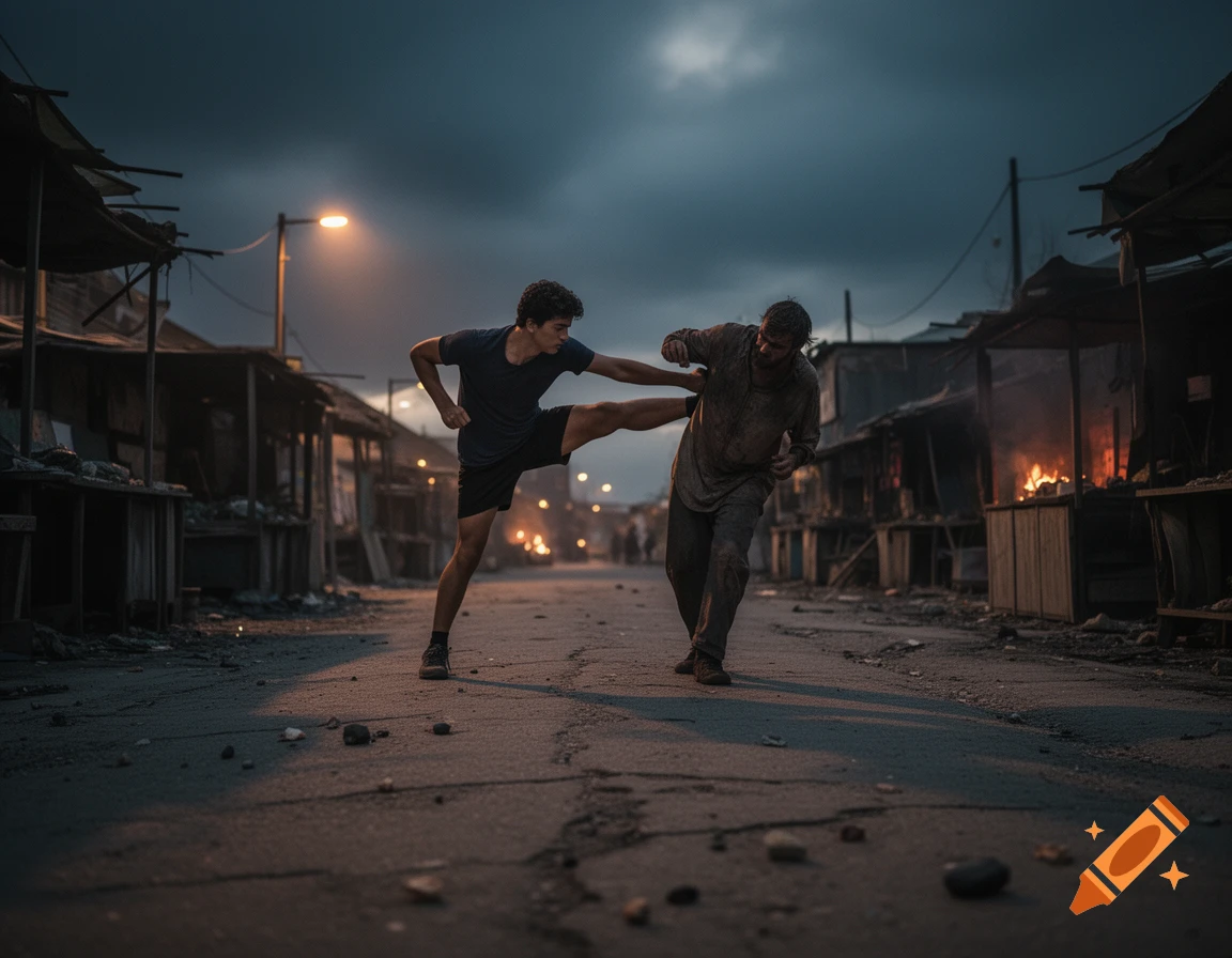Two men fighting on a dark, dusty street lined with market stalls; one kicks the other in a dynamic, photorealistic scene.