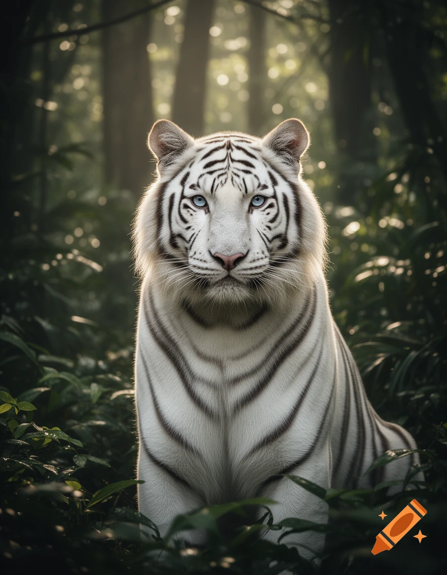 A photorealistic white tiger with piercing blue eyes stares forward, partially hidden by jungle foliage in a misty, sun-dappled forest.