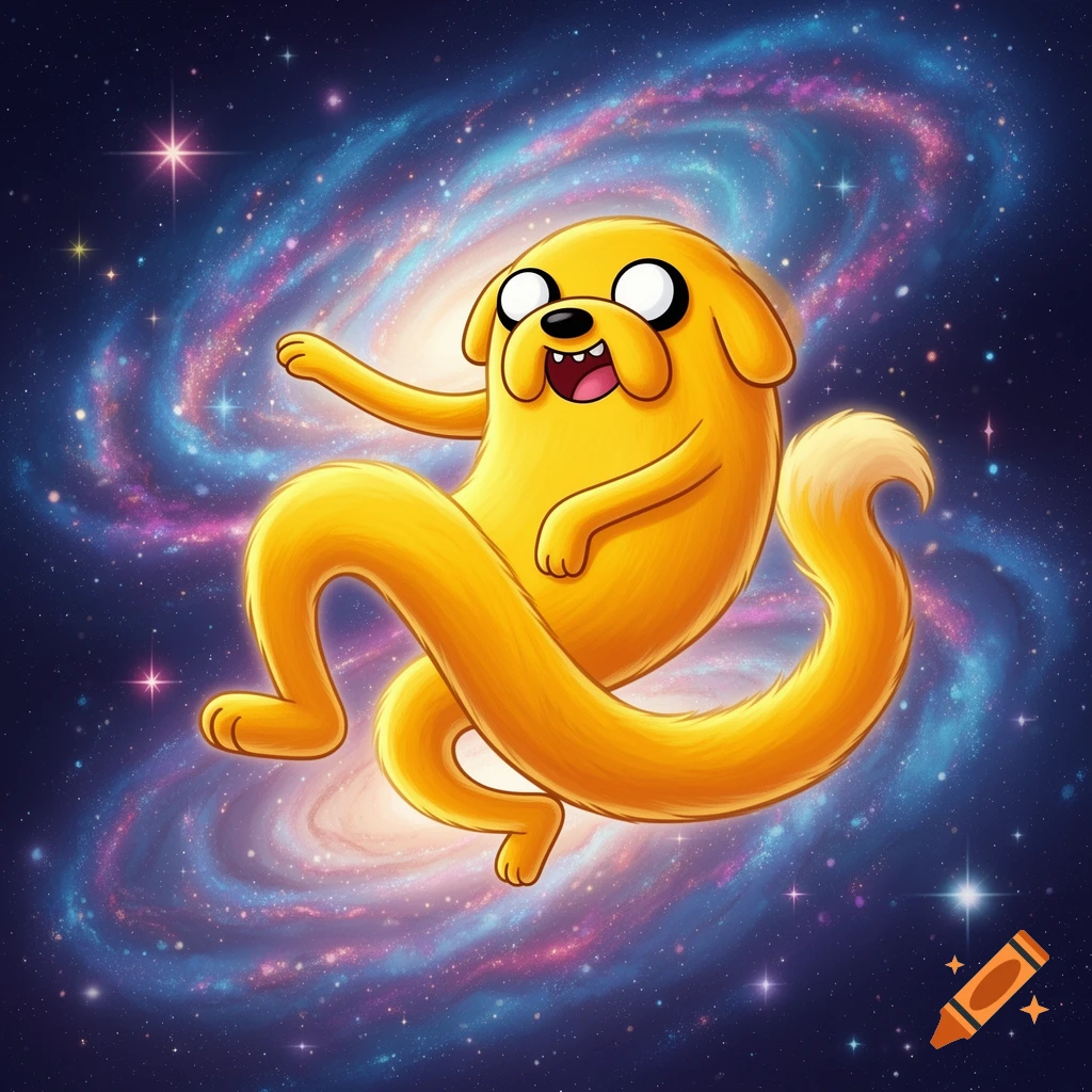 Jake the Dog, a yellow cartoon character, stretches and floats happily in a vibrant, swirling galaxy.