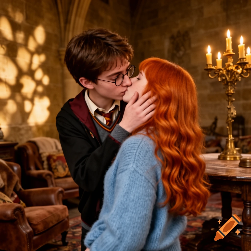 A young man resembling Harry Potter kisses a red-haired woman resembling Ginny Weasley in a dimly lit, grand hall.