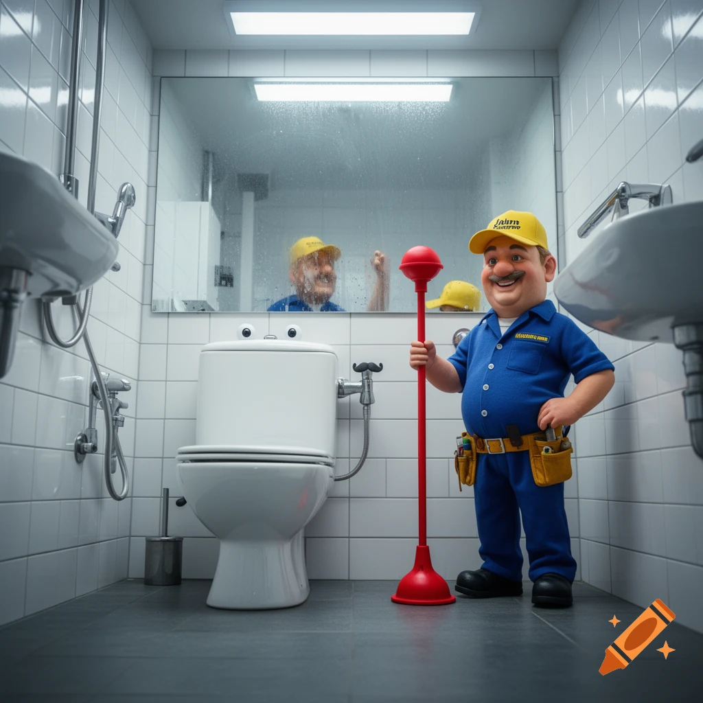 A cheerful cartoon plumber with a red plunger stands beside a toilet with googly eyes in a tiled bathroom.