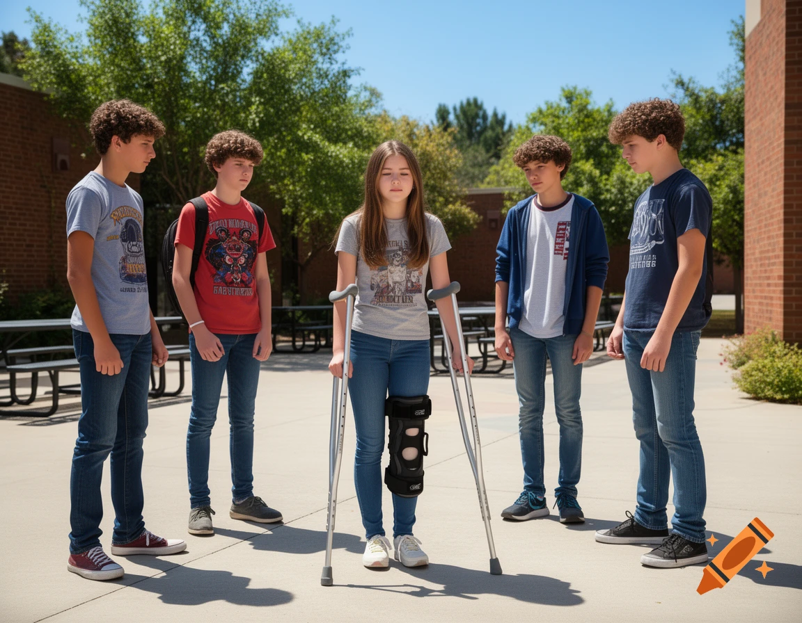 Photorealistic image: A teenage girl with crutches and a knee brace stands in a school courtyard, surrounded by four boys.