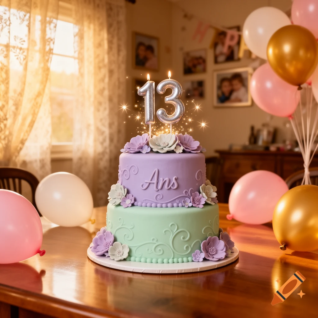 A two-tier pastel purple and green birthday cake with "13" candles and "Ans" written on it, surrounded by pink, white, and gold balloons in a home setting.